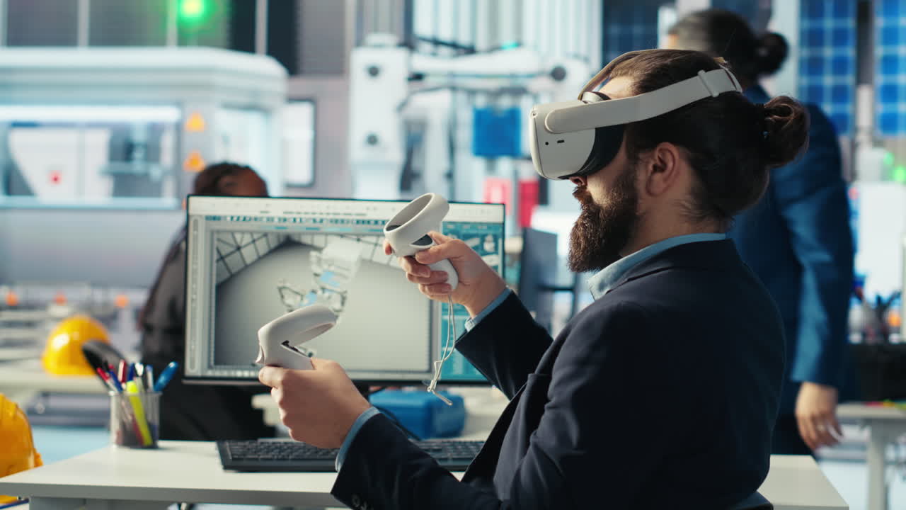 esperto che ispeziona i macchinari degli impianti solari utilizzando la tecnologia della realtà virtuale