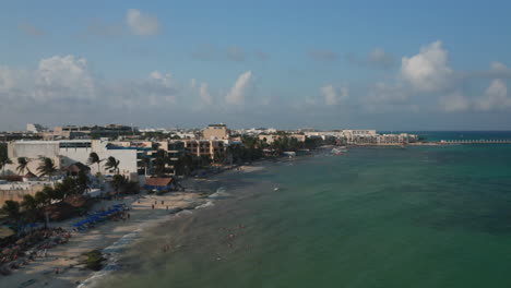 Luxurious-holiday-resorts-on-the-shoreline-of-the-Caribbean-Sea-in-Playa-del-Carmen,-Mexico.-Aerial-view