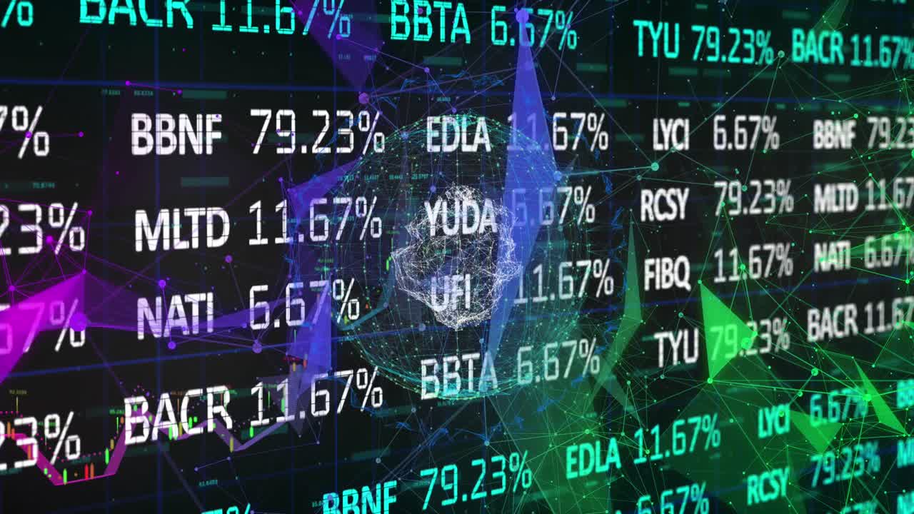 다중 그래프와 함께 지구와 모양을 형성하는 연결된 점 위에 거래 보드의 애니메이션