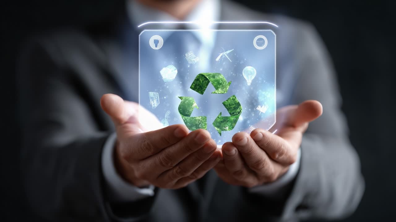 Innovative Approach to Sustainability: A Professional's Focus on Recycling Through Digital Tools and Eco-friendly Solutions Represented in a Futuristic Visualization