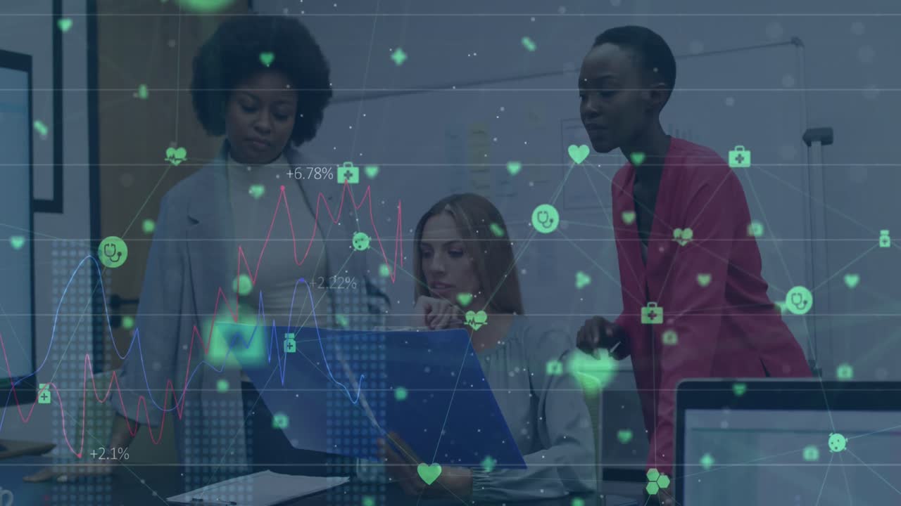 Animation of network of digital icons over three diverse female colleagues discussing over a file
