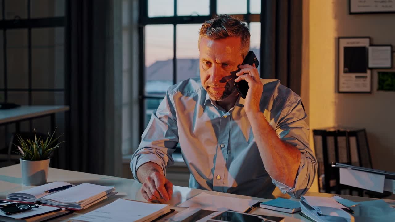 En professionel mand på et kontor taler i telefon, fanget i et mellembillede