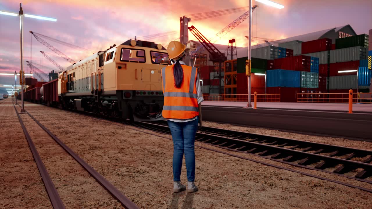 Full Body Back View Of Asian Female Engineer With Safety Helmet Talking On Smartphone With Freight Cargo Train At Port