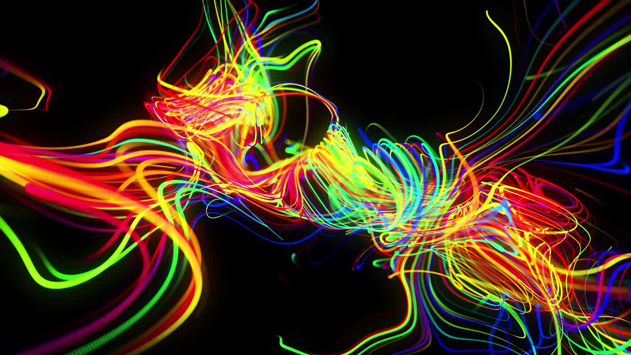 el flujo de fondo abstracto de las líneas de brillo. las partículas de luces en funcionamiento se forman en el espacio 3d brillando hermosas líneas curvas como una bola de cables quemándose con luz de neón. hermoso fondo creativo en bucle en 4k.