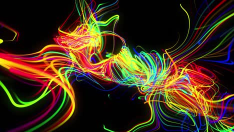 abstract background flow of glow lines. running lights particles form in 3d space glowing beautiful curved lines like ball of wires burning with neon light. beautiful looped creative background in 4k.