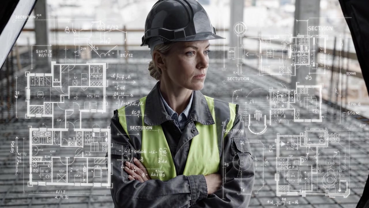 Pekerja konstruksi wanita yang berpikir meninjau rencana arsitektur dengan tekad di lokasi pembangunan, menyoroti perannya dalam manajemen dan pengawasan proyek