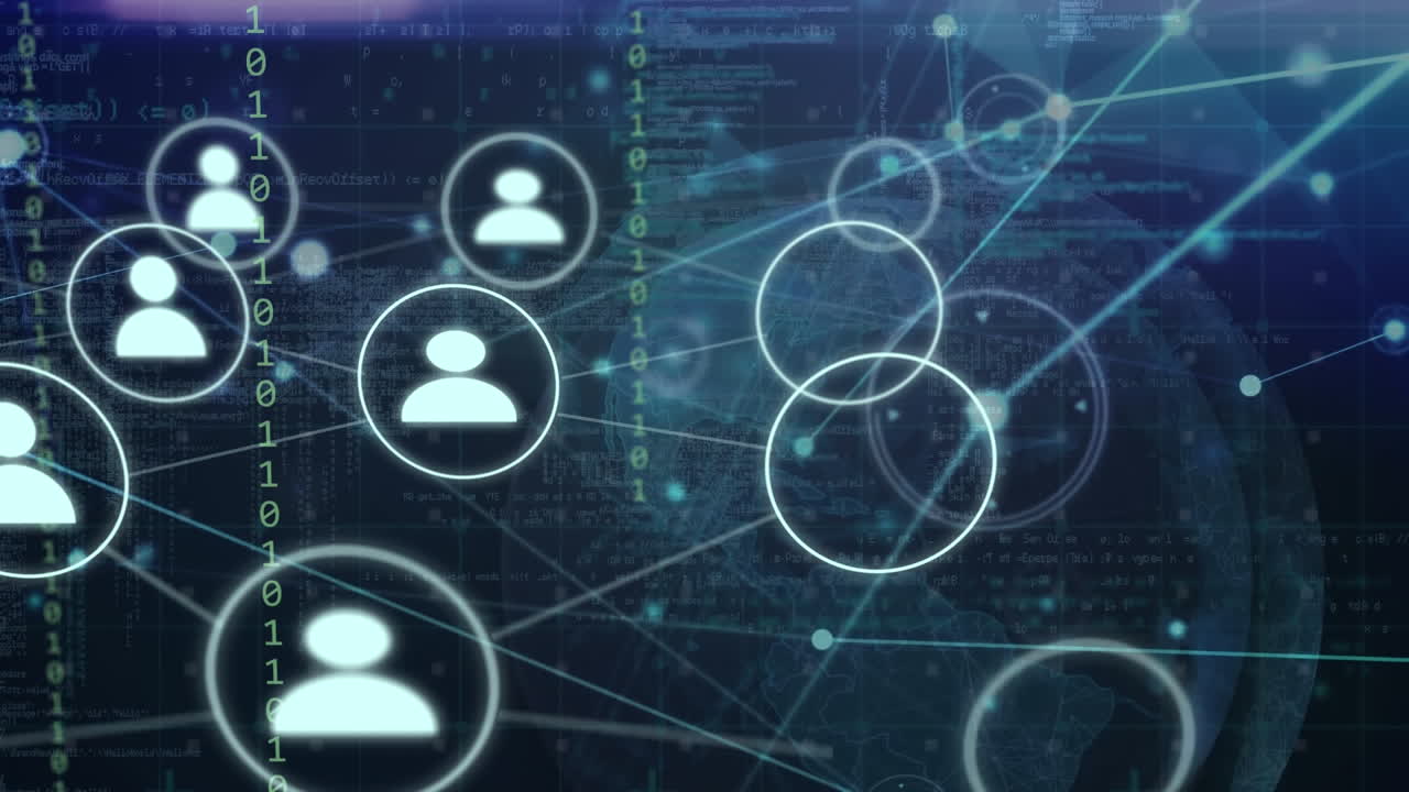 Animation of network of connections with icons on dark background