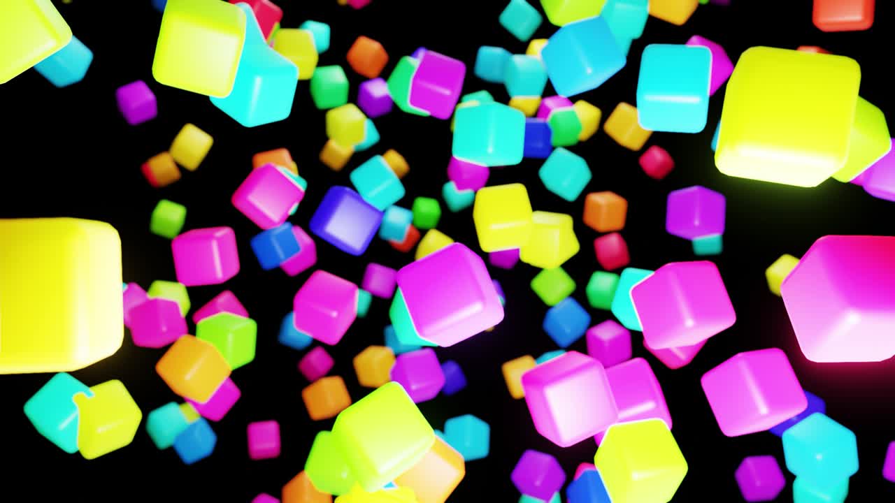 다채로운 큐브와 함께 3d 추상적인 간단한 기하학적 배경 4k에서 네온 빛을 무작위로 박이고, 부드러운 루프 애니메이션, 공중에서 날아가는 큐브, 3d 객체와 함께 창의적인 간단한 모션 디자인 배경