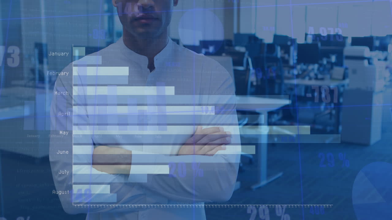 Animation of statistical data processing against biracial businessman standing at office