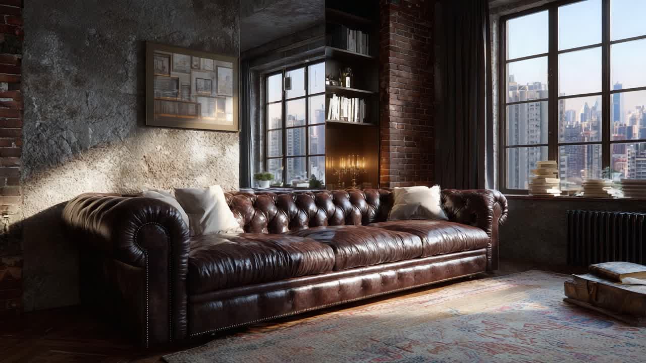 Stunning Interior Scene Featuring a Luxurious Chesterfield Sofa in a Modern Urban Loft, Bathed in Natural Light With a Striking Cityscape View