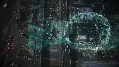 animación del cerebro humano y escaneo de alcance sobre el paisaje urbano