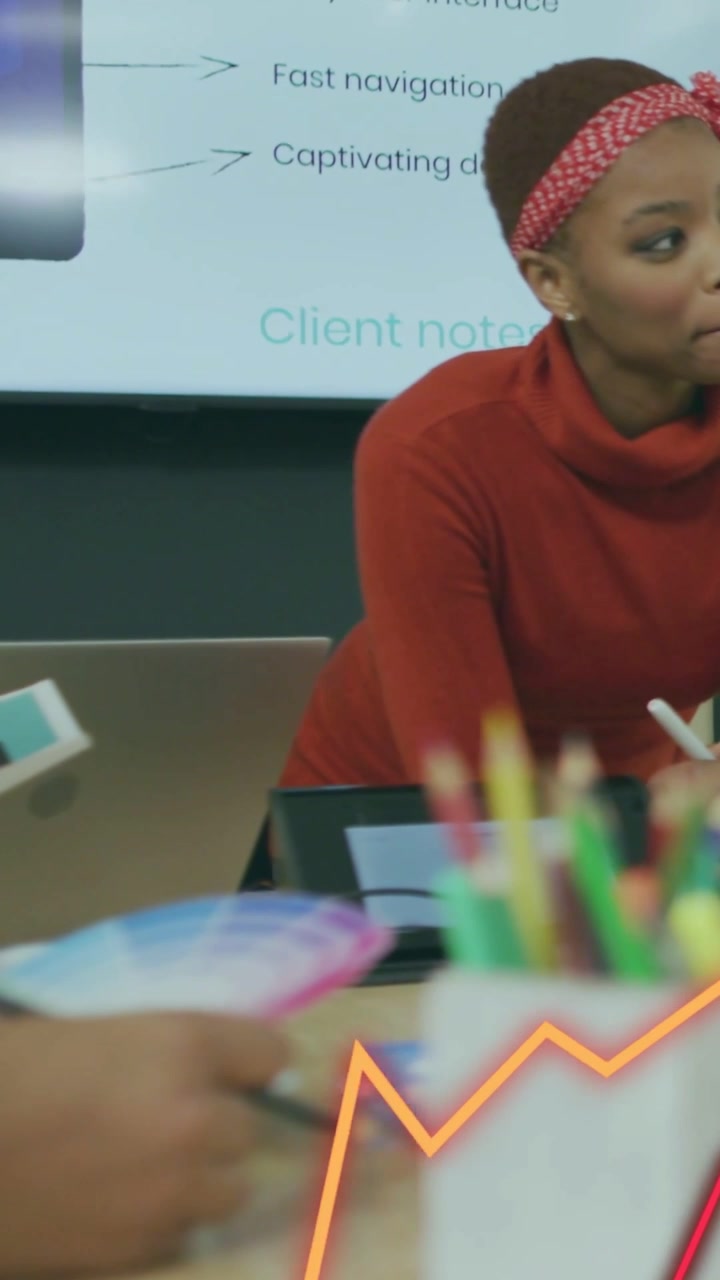 Vertical video: Camera focusing hands, woman red leaning in swatch moving chart rising for review