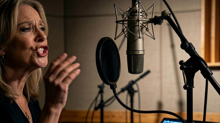 Cantante che inizia una ripresa in studio con un microfono a condensatore, muovendo la mano verso il filtro anti-pop, con spazio per il testo.