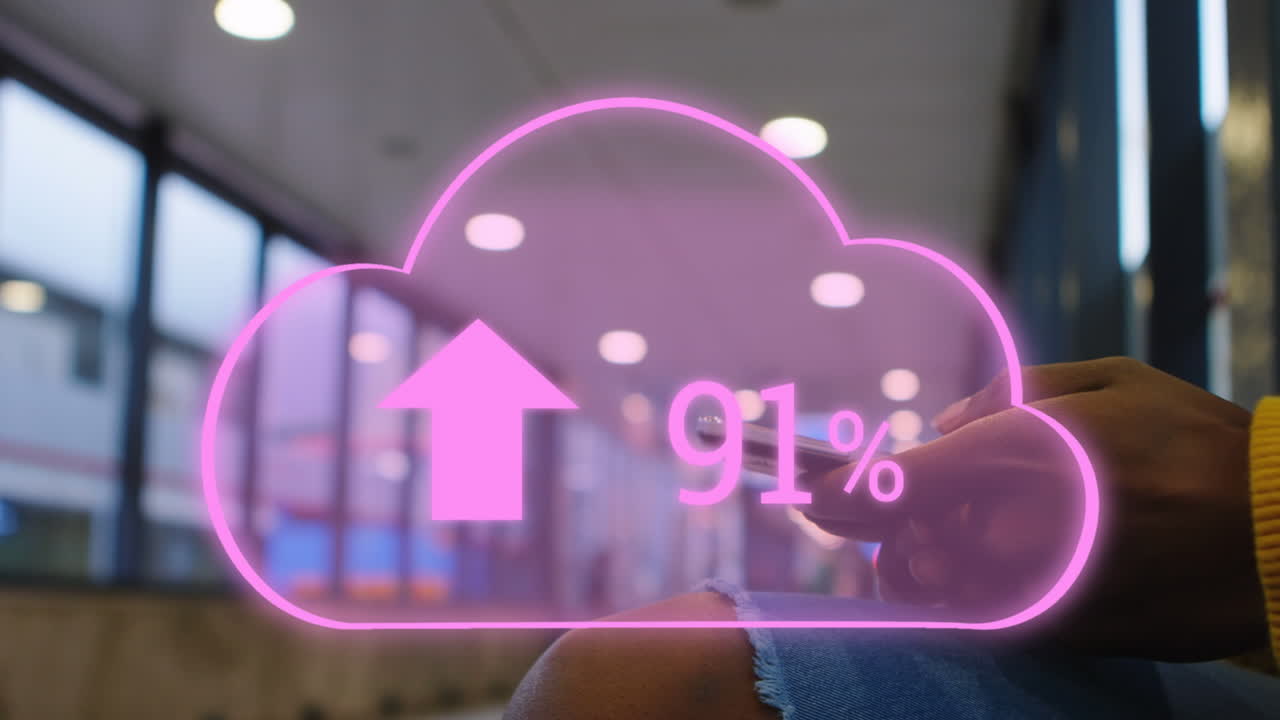 Animation of cloud with arrows and percent going up over caucasian woman using smartphone