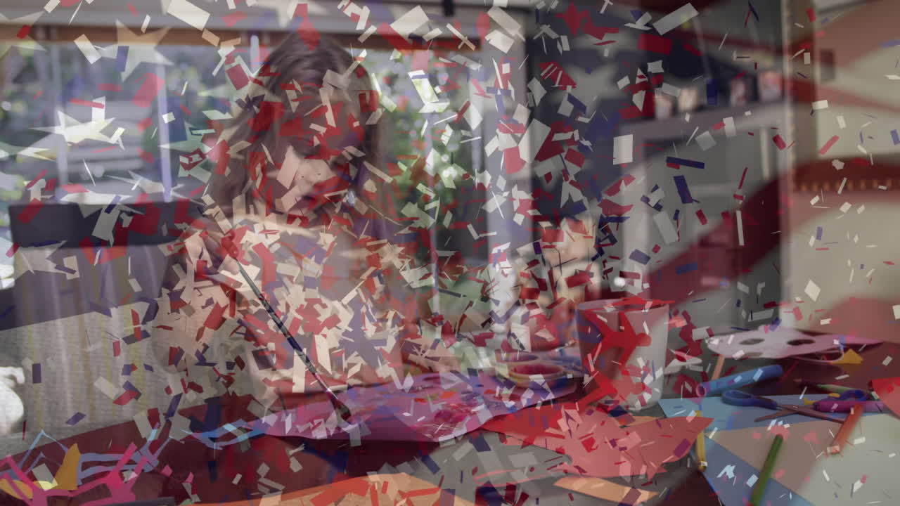 Young woman crafting at home with colorful confetti animation overlay