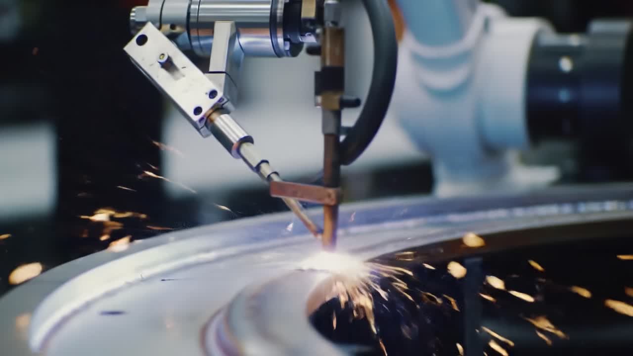 Advanced Robotic Welding Process with Torch Ignition, Seamless Metal Joining, and Spark Emission in High-Tech Manufacturing Environment