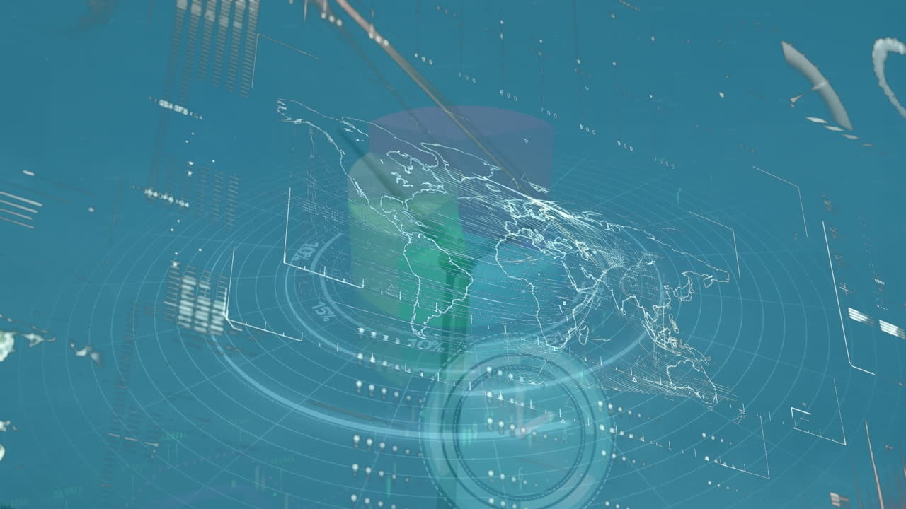 네온 시계의 애니메이션과 파란색 배경에 회전하는 풍차의 데이터 처리