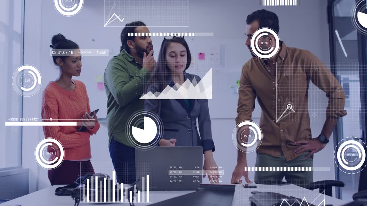 Team gathering in engineering lab, scrolling phone and showing animated charts for reviewing data