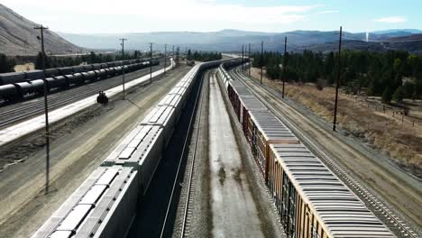 forward flight dolly drone shot flying between cargo trains on a railroad station in a desert environment on a sunny day with mountains in the background and powerlines and tank trains