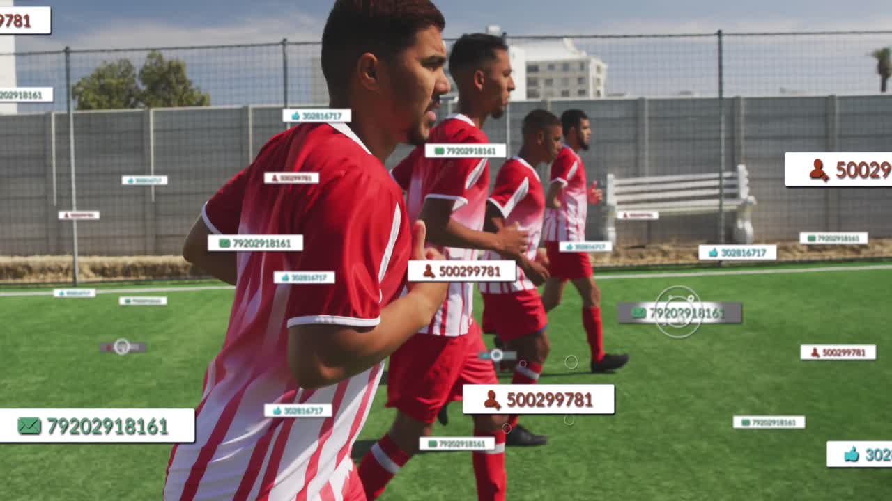 축구 선수 들 이 경기장 위 에 있는 배너 에 있는 소셜 미디어 아이콘 의 애니메이션