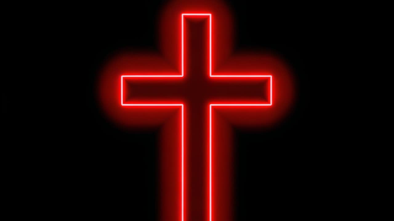 Opening on pitch-black void, red neon cross pulsating halo glow expanding and receding rhythmically