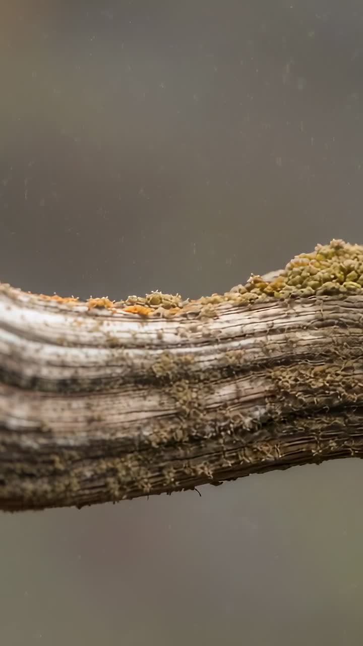 Vertical video: Shifting camera revealing woody twig in woods to show lichen texture and dust motes