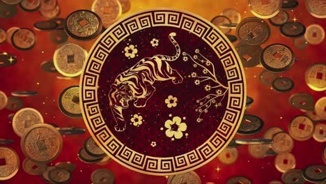 2022 chinese new year of the tiger on the background of chinese coins, spring festival, wish for wealth. animated seamless loop copy space