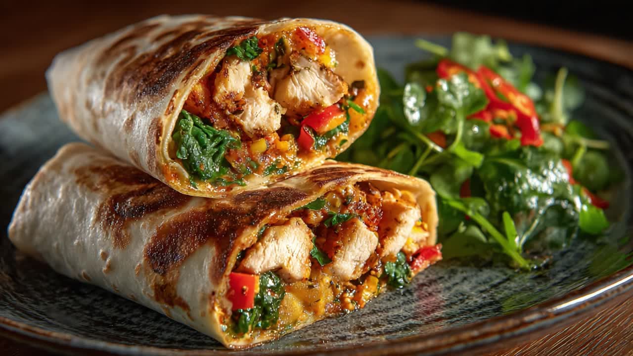 A Deliciously Stuffed Wrap Featuring Grilled Chicken, Fresh Vegetables, and Savory Spices, Accompanied by a Colorful Salad Garnish for a Wholesome Meal Experience
