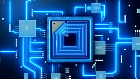 cpu ai procesamiento de animación. transferencia de datos microchip integrado. red digital y computación. animación de bucle sin costuras de video 4k uhd