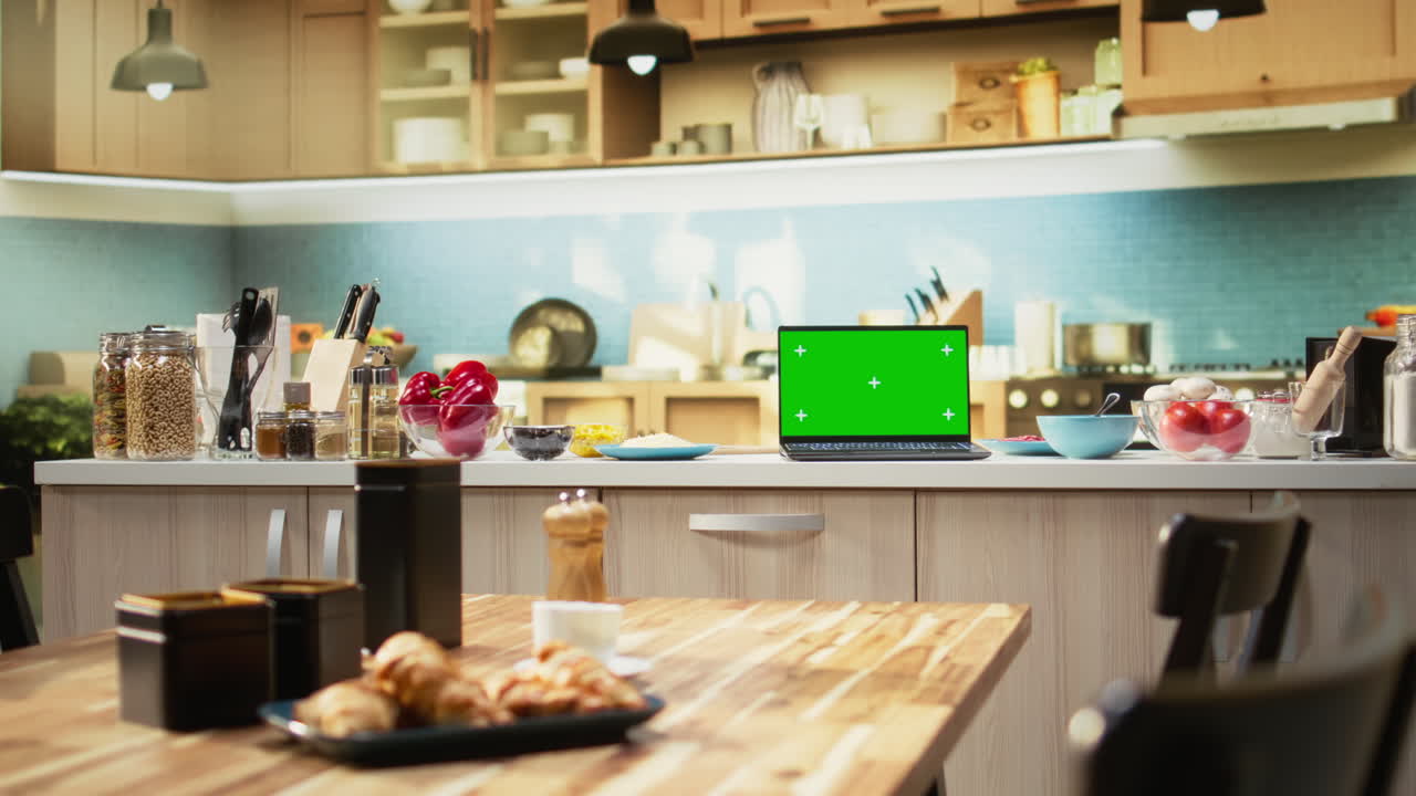 Chroma key screen in kitchen setup for pizza day with fresh produce