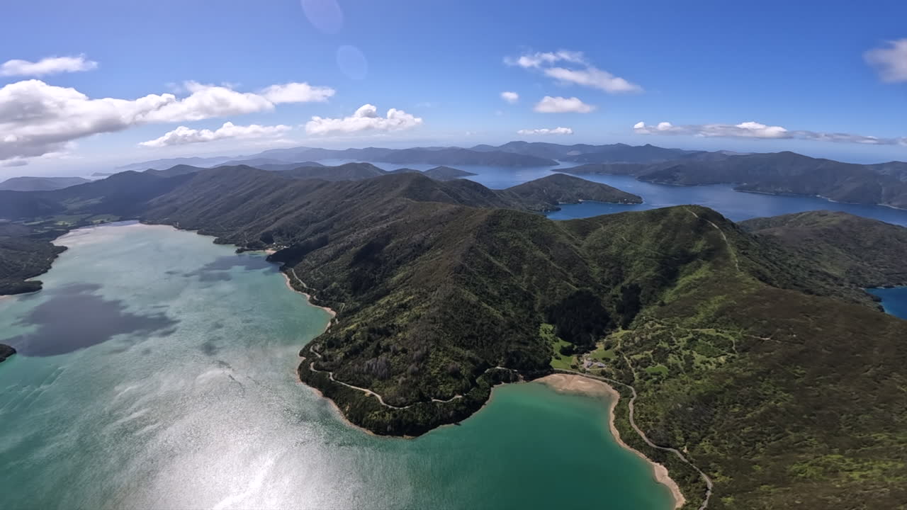 Aerial POV Shot from a Helicopter Flying Over the Marlborough Sounds, New Zealand