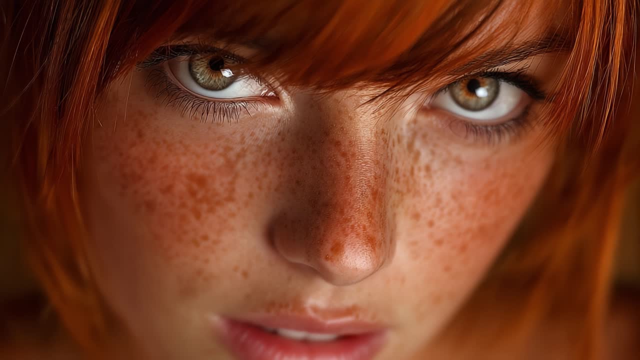 Intimate Portrait Series: Captivating Close-Up of a Freckled Young Woman with Striking Brown Eyes and Vibrant Red Hair, Emphasizing Unique Features and Expressive Look