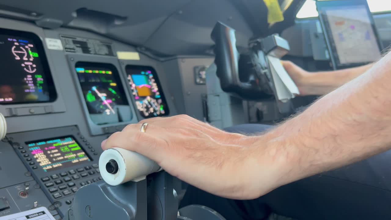 cerrar vista de un motor a reacción acelera y columna de control operado por el primer oficial durante un descenso