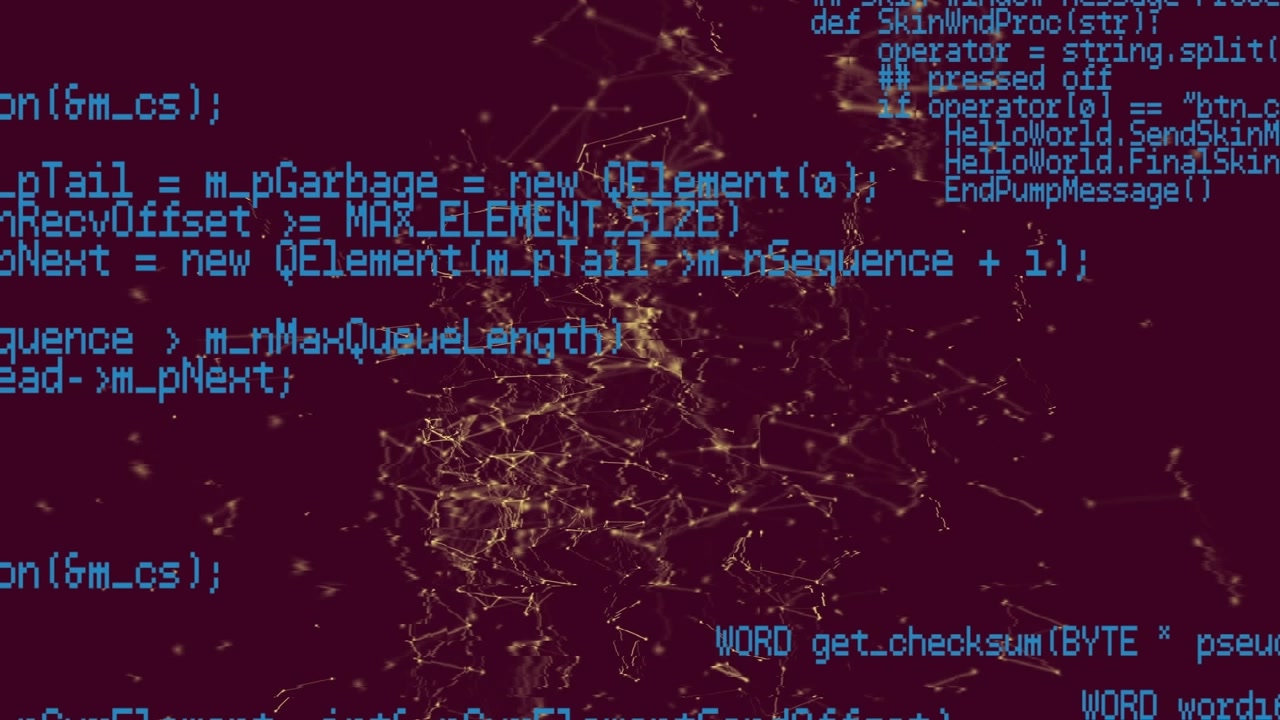 Animation of dots connected with lines forming abstract shapes over programming language