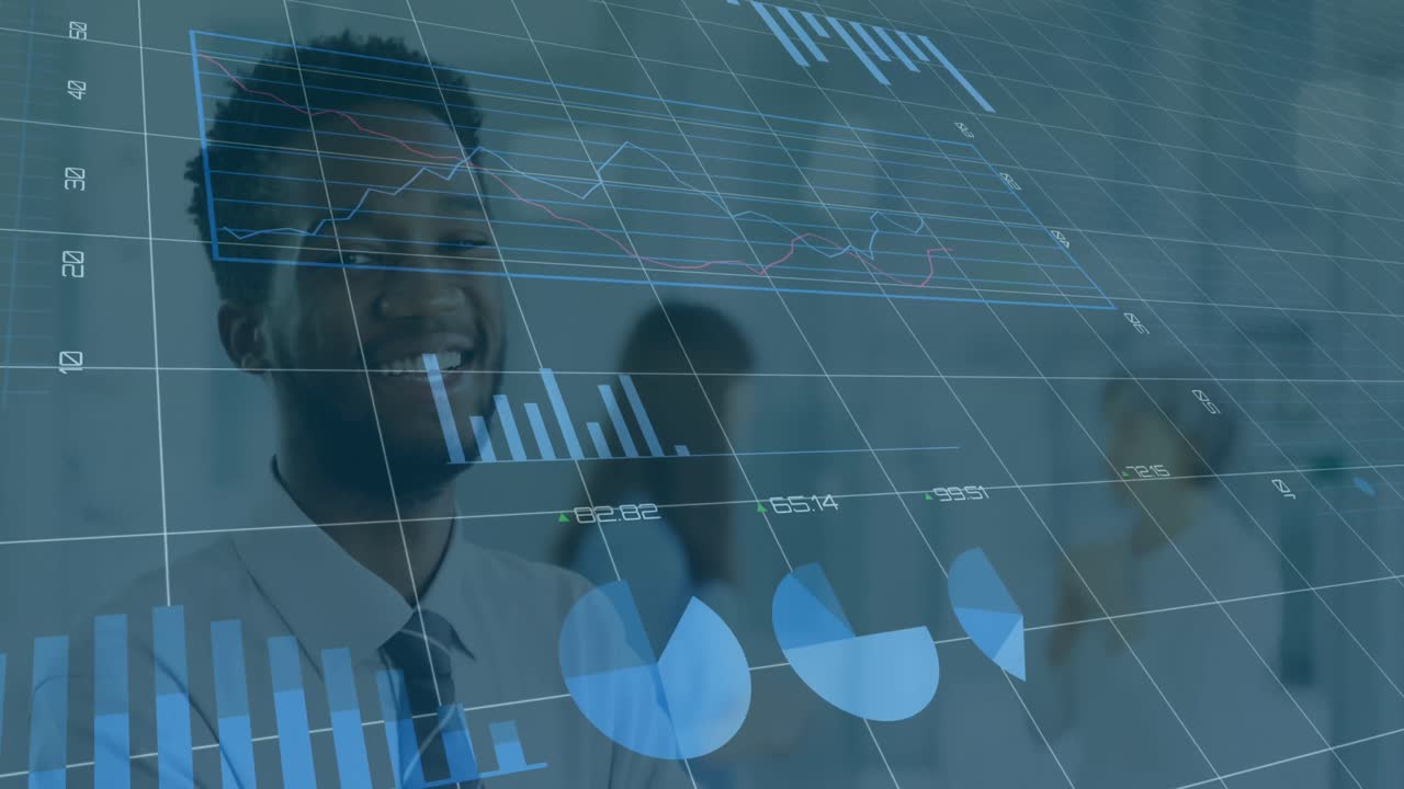 Animation of statistics and financial data processing over business people