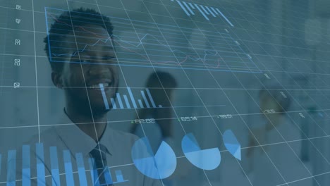 animation of statistics and financial data processing over business people