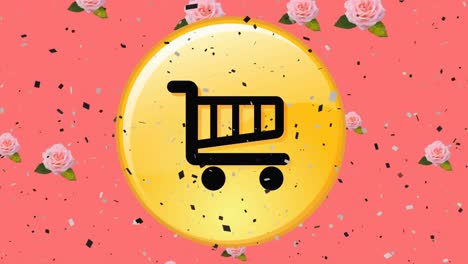 animación de confeti y flores cayendo sobre el icono de la artesanía de compras en fondo rosa