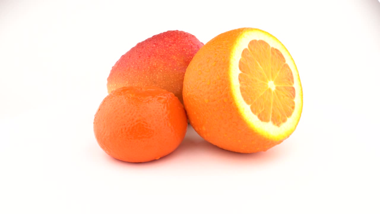 mango, frutas de naranja y frutas de mandarina girando sobre un fondo blanco. aislado. de cerca.