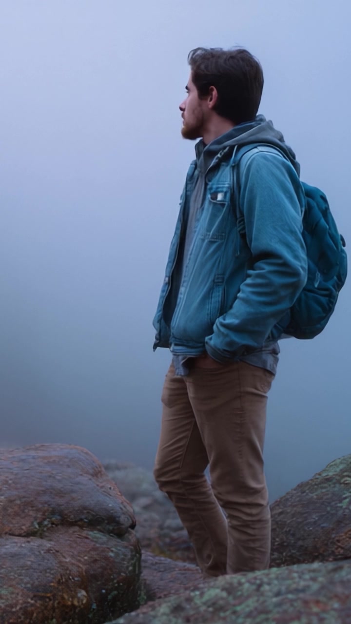 Un giovane pensieroso si trova su un terreno roccioso, avvolto nella nebbia, contemplando il sereno scenario naturale e i misteri nascosti nel paesaggio nebbioso.