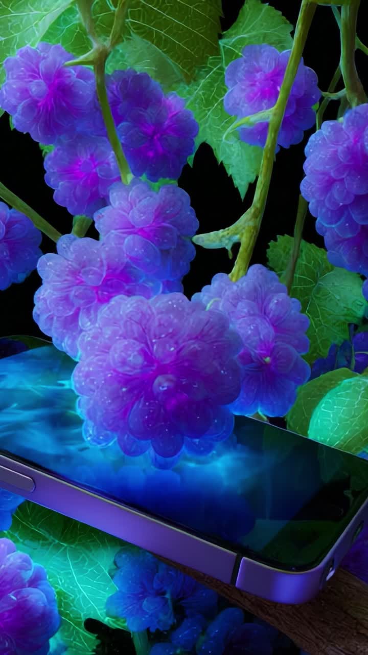 A stunning display of vibrant purple flowers intermingling with a sleek smartphone, creating a captivating blend of technology and nature, illustrating a mesmerizing visual harmony between digital and organic beauty