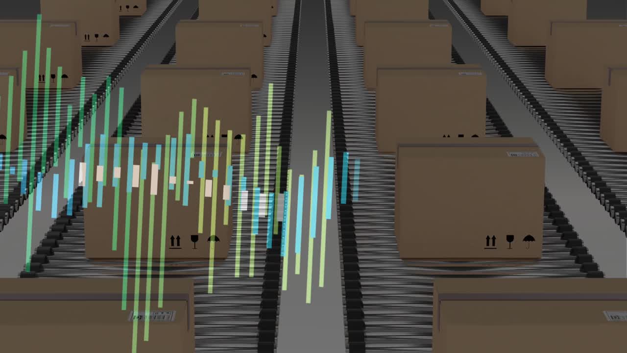 컨베이어 벨트에 있는 상자 위에서 금융 데이터 처리의 애니메이션