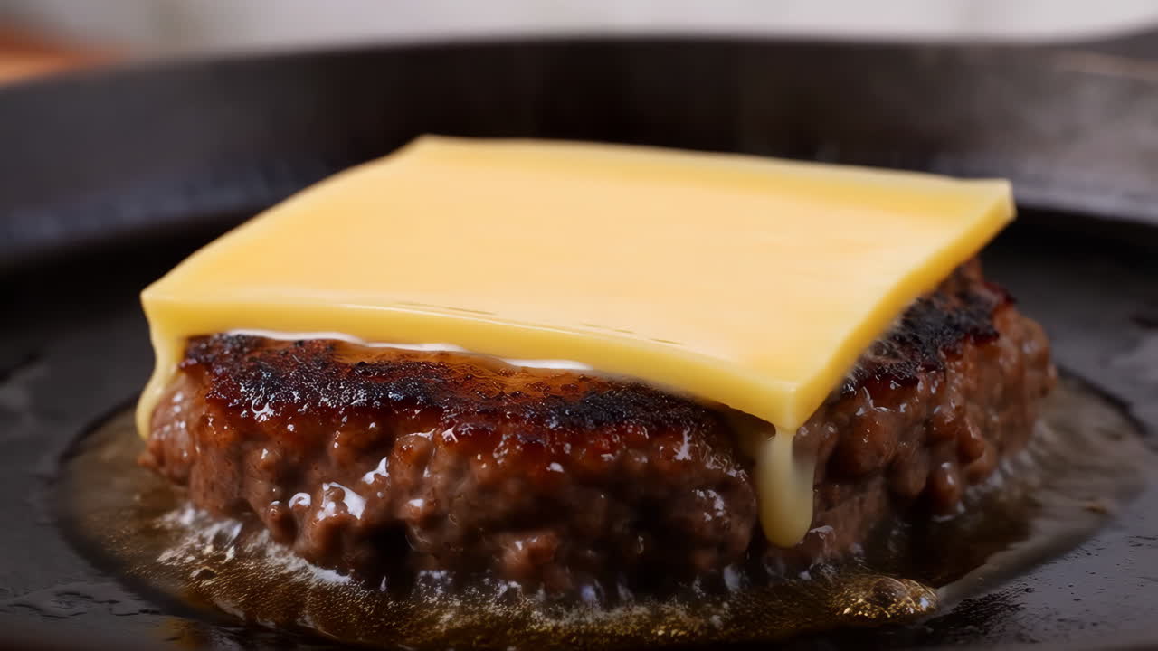 Hamburger Patty with Melting Cheese in a Frying Pan
