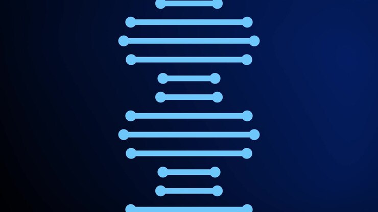 Flowing 2D shaped lines representing a rotating DNA strand molecule animation against a dark gradient background abstract digital design motion graphics visual effects with vibrant colours blue navy