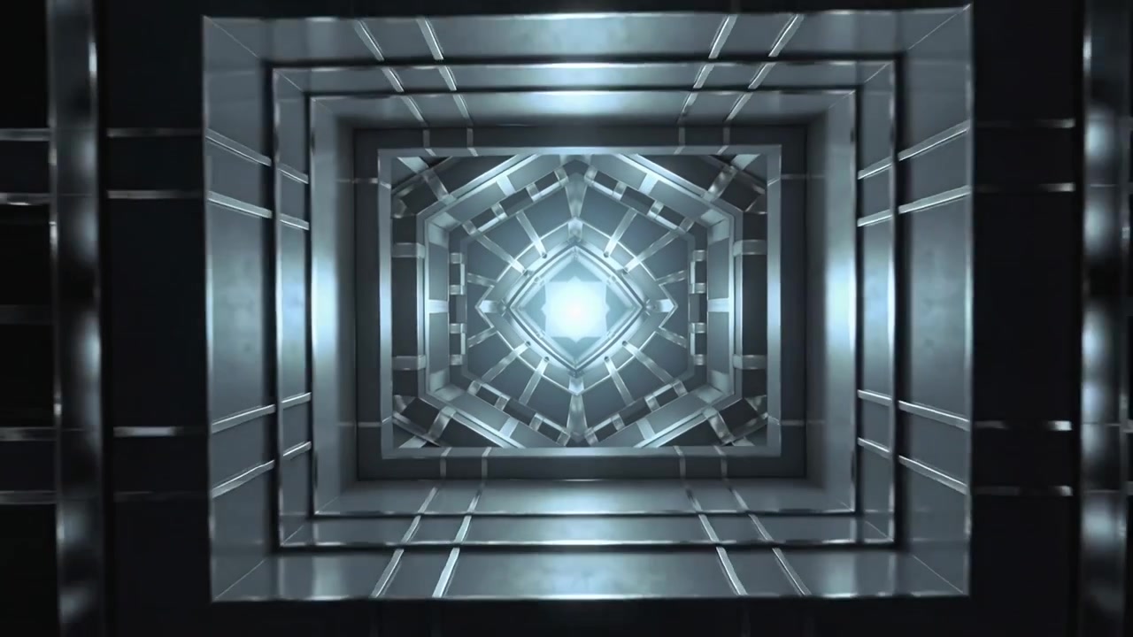 Pulling back camera, metal shaft expanding showing concentric frames inside tunnel and pulsing core