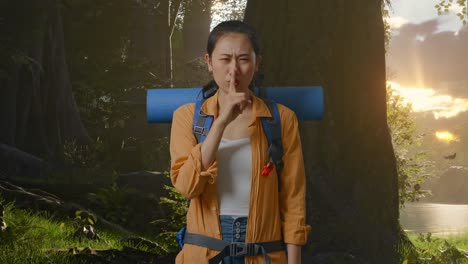 asian female hiker with mountaineering backpack looking at camera and making shh gesture while exploring forest nature