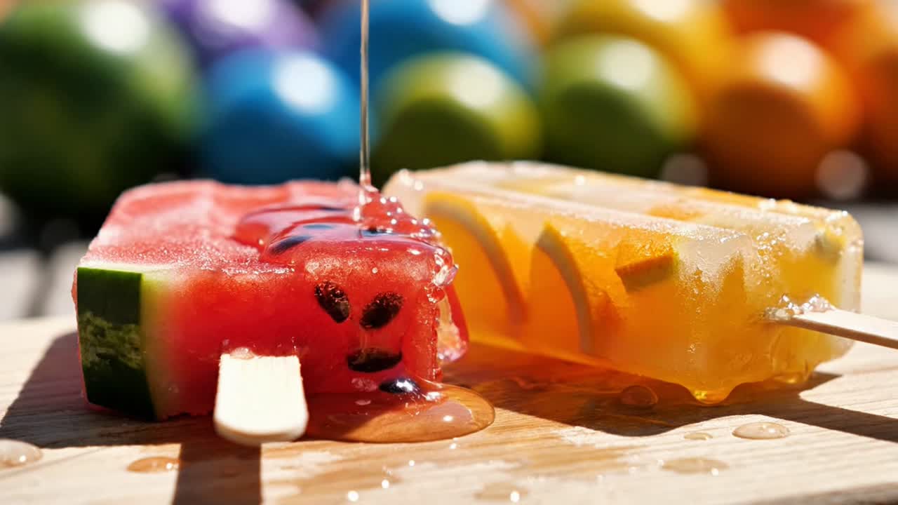 Vandmelon- og appelsinispinde smelter på træplade