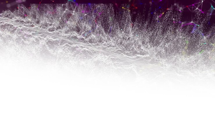 Animazione di connessioni colorate che ruotano su onde di particelle bianche in movimento su sfondo nero