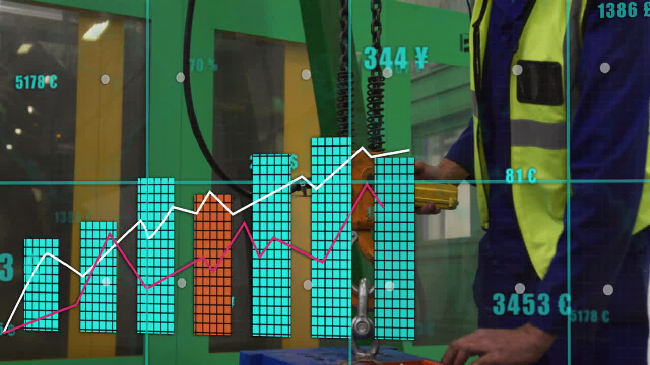 Operating machinery, worker viewing animation of financial graphs and data in factory