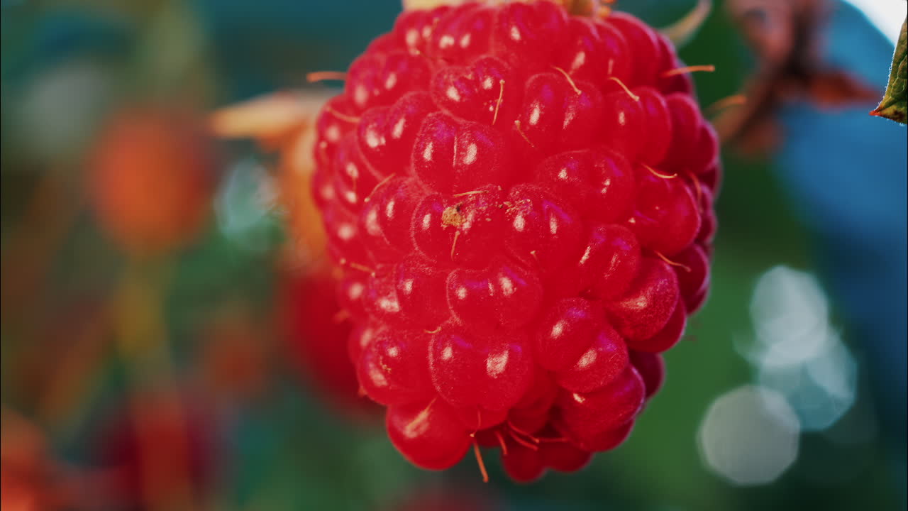 Close up of a vibrant red raspberry in natural sunlight with a blurred background