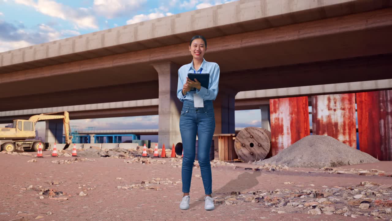 Full Body Of Asian Female At The Site of Highway Construction, Typing On Tablet'S Keyboard And Looking Camera And Smiling